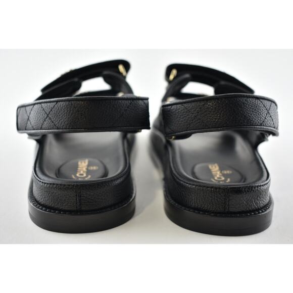Chanel 21C Black Caviar Gold CC Logo Mule Slide Strap Flat Teva Dad Sandal 38 - Picture 11 of 12